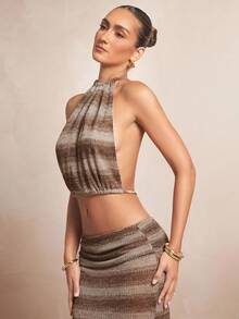 L'Amorae Bluză de vacanță sexy pentru femei, cu imprimeu cu dungi, fără spate, cu mânecă lungă