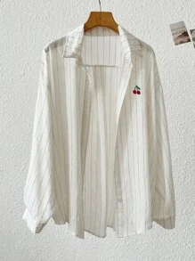 INAWLY 女士休闲条纹樱桃刺绣防晒衬衫，夏季 - 白色 - 查看 5
