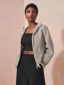 Zivah 秋冬新款时尚女宽松针织开衫外套韩版做旧超大毛衣外套 - 灰色 - 查看 5