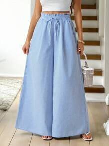 SHEIN Tall Damen-Freizeithose mit Taillenband, Streifenmuster, Taschen, weitem Bein, lockerem Schnitt und langer Passform, für große Frauen - Blau-Weiß - Übersicht 1