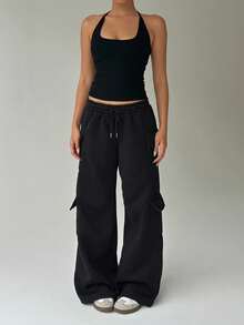 FavEase 女士灰色低腰抽绳系带工装口袋阔腿休闲运动裤，极简主义街头服饰，秋季 - 黑色 - 查看 7