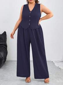 SHEIN CURVE+ Bộ vest + quần dài/áo phông họa tiết cho kỳ nghỉ thường ngày cỡ lớn, mùa tốt nghiệp, trở lại trường - Màu xanh hải quân - Xem 6