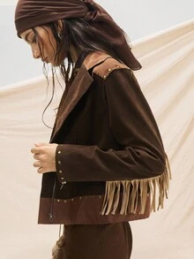 Easelle Áo khoác da lộn tua rua đinh tán cổ điển dành cho nữ - Nhiều màu - Xem 7