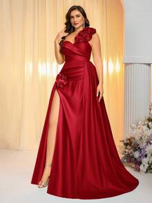 Glamrae Váy dạ hội trang trọng hở vai cổ tim thanh lịch & lãng mạn cỡ lớn 3D trang trí hoa xẻ cao viền đuôi cá - Đỏ - Xem 6