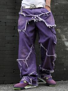 Manfinity EMRG Men's Simple Button Front Pocket Frayed Hem Casual Denim Jeans - Purple - View 1