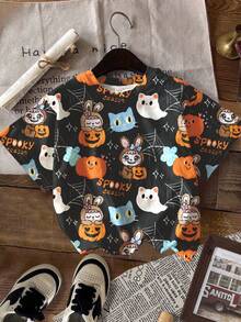SHEIN Happikins 4pcs/Set Young Girl Cute Halloween Rabbit Bubu Bow Floral Print Kawaii Anime Style Casual Minimalist Round Neck Short Sleeve Basic T-Shirt, Suitable For Spring/Summer - Multicolor - View 5