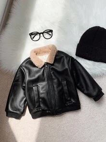 SHEIN Baby Boys Casual Cute Street Style Black PU Leather Thermal Lined Long Sleeve Zip Up Jacket, Baby Winter Clothes Baby Boy Jacket Baby Zip Up Jacket Baby Bomber Jacket Baby Leather Jacket Fall