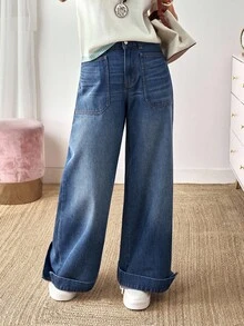 EMERY ROSE 女士休闲日常水洗阔腿牛仔裤 - 藍色 - 查看 5