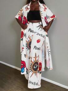 Slaydiva Plus Size Women Linen Printed Long Dress, Printed Linen Shirt, And Linen Pants Set - White - View 4