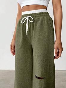 CasuGlow Drawstring Waist Cut Out Casual Sweatpants - Olive Green - View 6