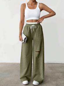 CasuGlow Drawstring Waist Cut Out Casual Sweatpants - Olive Green - View 8
