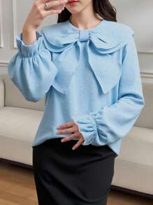 Tween Girl's Plain Peter Pan Collar Loose Cute Blouse, Long Sleeve,Holiday,Summer,Travel - Blue - View 1