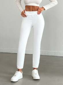 EURMUSE Casual Solid Color Drawstring Waist Jogger Pants - White - View 4