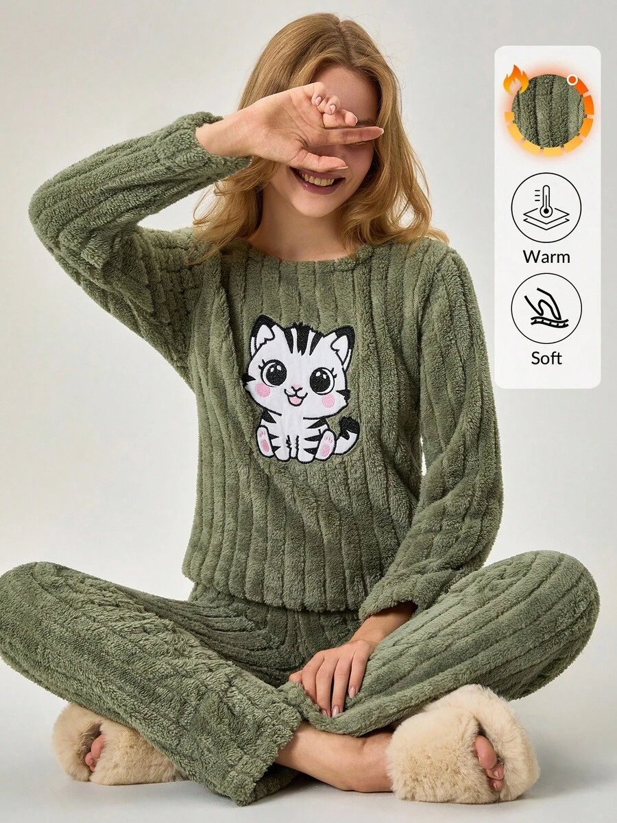 Loomlin 女士毛绒面料可爱小猫动物刺绣细节长袖衬衫和裤子家居服舒适保暖睡衣套装 - 綠色 - 查看 1