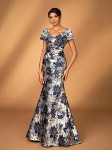 Serin 优雅奢华缎面提花美人鱼裙，适合婚礼、派对、度假、舞会、晚礼服、新娘母亲礼服 - 彩色 - 查看 6