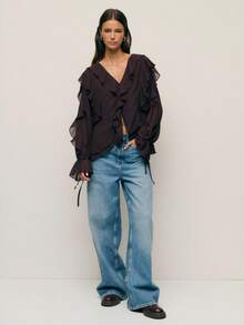 Nöista Áo voan dài tay nhún bèo màu tối lãng mạn. Thích hợp mặc riêng hoặc phối cùng áo cardigan trong mùa thu; hoàn hảo cho những buổi tối hẹn hò, tiệc tùng và đi chơi. - Cà phê nâu - Xem 5