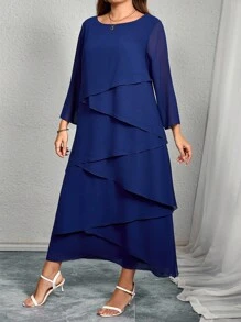EMERY ROSE Elegant Multi-Layer Cake Design Long Dress For Plus Size Women - Dusty Blue - View 4