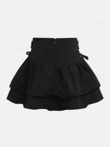 SHEIN Girlism Young Girl Casual Double-Layered Skirt With Ruffle Hem & Side Tie, Great For Casual & Daily Wear & School Daily In Autumn & Winter, Mom And Daughter Matching,Sister And Me Matching - Black - View 2