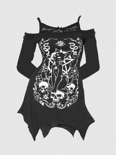 Goth Camiseta negra de manga larga con estampado de gato misterioso, estrella y calavera, con dobladillo asimétrico y encaje en los hombros, estilo gótico veraniego Gyaru, talla grande, para Halloween