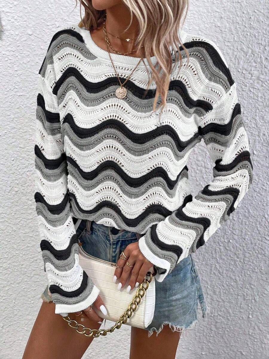 SHEIN LUNE Minimalist Loose Striped Color Block Crew Neck Sweater, Suitable For Autumn/Winter Fall Cloth For Women - Multicolor - View 1