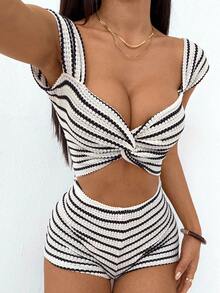 SHEIN PETITE 女士度假针织条纹前扭纹锁孔露背连体裤 - 黑與白 - 查看 3