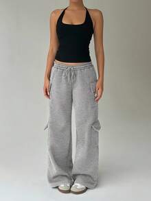 FavEase 女式抽绳腰部口袋阔腿慢跑裤，灰色，休闲街头风格，秋季 - 灰色 - 查看 7