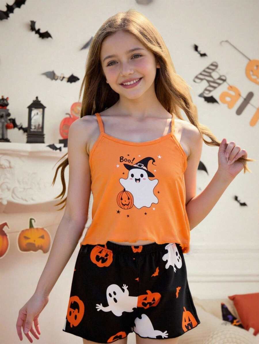 Conjunto de pijama de 2 piezas con camiseta de tirantes con gráfico minimalista de fantasma de Halloween y shorts para niña preadolescente, pijamas de Halloween de vuelta a la escuela - Naranja - Ver 1