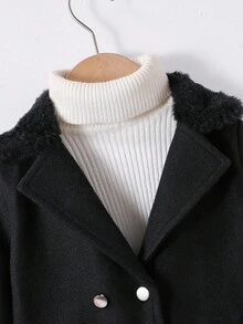 SHEIN Baby Boys' Winter Long Sleeve Double-Breasted Solid Color Fur Collar Mid-Length Coat, Fashionable And Versatile Style, Suitable For Outdoor Travel, Camping, And Home Wear Baby Boy Pom Pom Hat Baby Boy Black Coat Toddler Black Winter Outfit Toddler Winter Coat Baby Boy Winter Clothes Fall