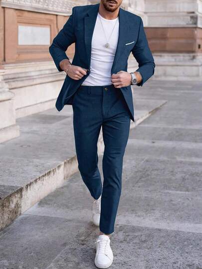 Manfinity Mode Completo giacca e pantaloni da uomo di colore solido a monopetto, manica lunga, con tasche