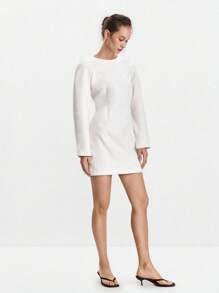 Lumivelle Elegant Casual Loose Long Sleeve Round Neck Mini Dress Fall Cloth For Women - White - View 3