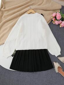 SHEIN Pulover vintage nou pentru adolescente, cu guler rotund, cu fundă, croit, asociat cu fustă mini, potrivit pentru acasă, ieșiri în oraș, petreceri, întoarcerea la școală - Bej - Vizualizare 2