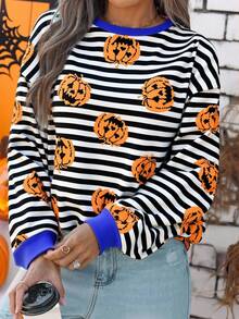 EMERY ROSE Halloween Casual Versatile Minimalist Blue White Black Contrast Stripe Letter Pumpkin Graphic Plus Size Sweatshirt, Suitable For Halloween, Autumn/Early Winter Fall - Multicolor - View 6