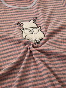 EURMUSE Damen Große Größen Baumwolle Rippstrick Kontrast Bindung mit süßer Tier Stickerei Detail Langarm Schlaf Pyjama Kleid