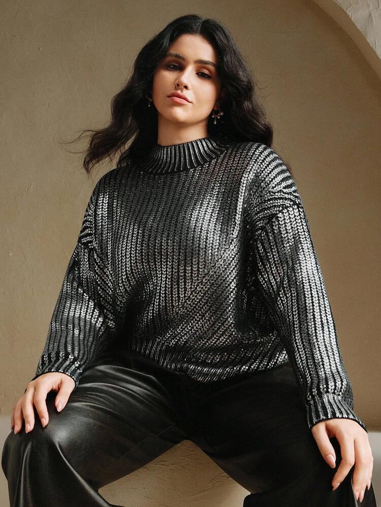 Elegant High-Neck Sweater With Embossed Gold Foil Accents, Suitable For Autumn, Fall, Winter, Going Out, Formal, Party, Chic, New Year, Christmas, Work, Graduation, Wedding