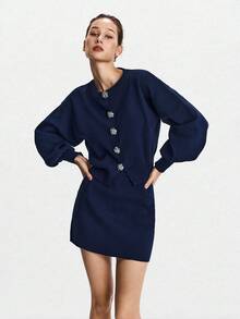 Lumivelle Women's Metal Flower Long Sleeve Single-Breasted Knit Cardigan And Versatile Mini Knit Skirt 2 Pieces Set Fall Winter Cloth For Women - Royal Blue - View 4
