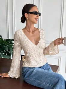 SHEIN Frenchy Women's Sequin Embroidery Lace-Up Backless Blouse,Elegant Beaded Deep V-Neck Bell Sleeve Shirt,Sparkly Apricot Summer Elegant Night Out Party Top - Apricot - View 4