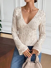SHEIN Frenchy Women's Sequin Embroidery Lace-Up Backless Blouse,Elegant Beaded Deep V-Neck Bell Sleeve Shirt,Sparkly Apricot Summer Elegant Night Out Party Top - Apricot - View 8