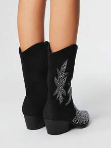 ROMWE Fairycore 2025 Fashion Black Suede Rhinestone Pointed Toe Side Zipper Chunky Heel Mid-Calf Boots, Riding Boots, - Black - View 5