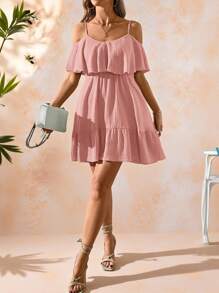 Amorya Women's Elegant Romantic Solid Green Textured Chiffon Fabric Off-Shoulder Ruffle Hem Camisole Dress, Spring/Summer Holiday