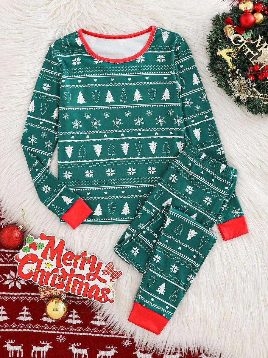 2 件男童简约圣诞树和雪花印花长袖上衣和紧身裤睡衣套装 - 綠色 - 查看 1