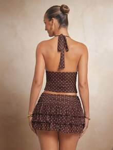 L'Amorae Women's Brown Polka Dot Ruffle Mini Skirt Co Ord Y2k Vintage Skirt Vacation, Party