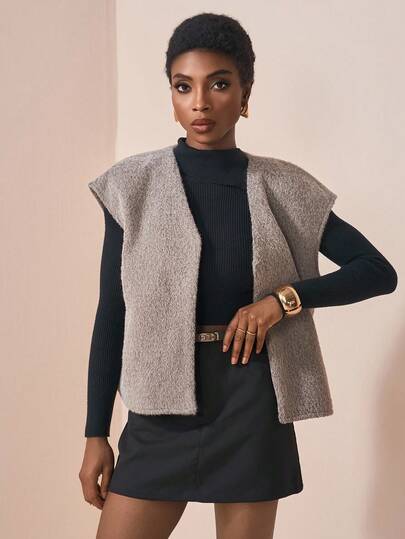 Zivah Áo khoác cardigan cổ chữ V tay ngắn màu xám trơn dáng rộng, thanh lịch, thoải mái, dự tiệc, hàng mới thu/đông 2025