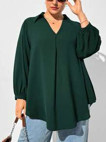 SHEIN Essnce 大码女式秋冬休闲宽松舒适 V 领黑色长袖衬衫、秋季女装、女式衬衫、曲线上衣、老款、黑色上衣、商务休闲女装、女式办公室服装、女式服装、女式上衣、返校节、教师、工作上衣 - 墨綠色 - 查看 7