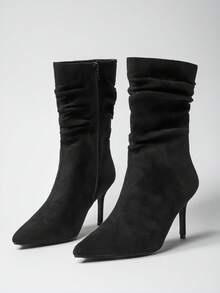 SHUZIA Women's Sexy Point Toe Stiletto Heel Faux Suede Mid-Calf Slouchy Boots - Black - View 2