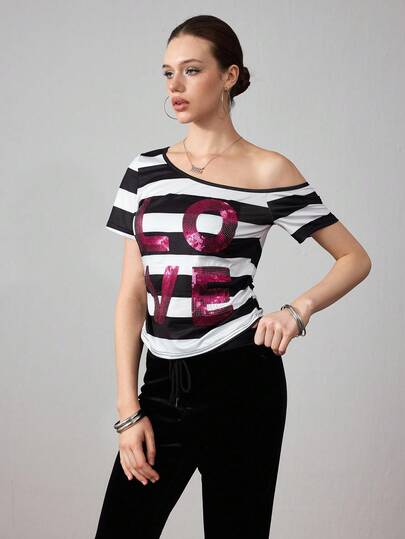 ROMWE Avant Damen Sommer Mode Kontrast Streifen Pailletten Stickerei Asymmetrischer Kragen T-Shirt