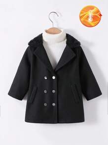 SHEIN Baby Boys' Winter Long Sleeve Double-Breasted Solid Color Fur Collar Mid-Length Coat, Fashionable And Versatile Style, Suitable For Outdoor Travel, Camping, And Home Wear Baby Boy Pom Pom Hat Baby Boy Black Coat Toddler Black Winter Outfit Toddler Winter Coat Baby Boy Winter Clothes Fall