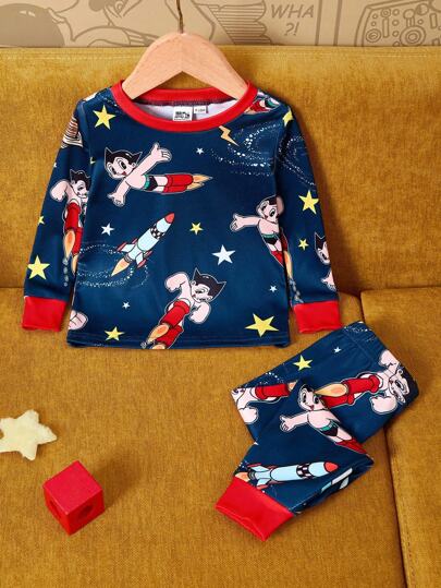 Astro Boy X SHEIN 2pcs Baby Boy Cartoon Rocket & Star Pattern Crew Neck Long Sleeve Top And Leggings Knit Comfortable Casual Stretchy Pajama Set