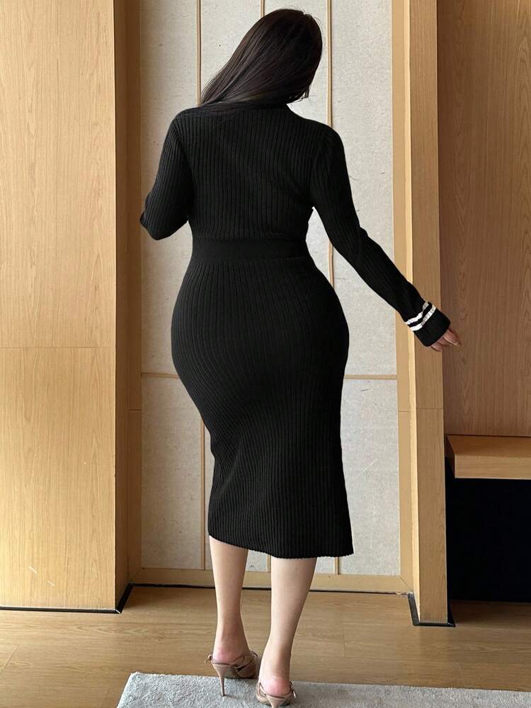 Dazy Plus Color Block Bow Decor Bodycon Maxi Knit Sweater Dress, Plus Size Women, Autumn/Winter