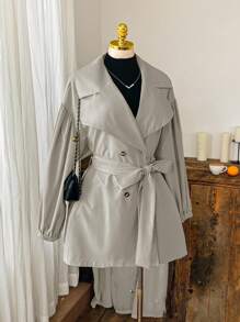 Comfortcana Plus Size Solid Color Turndown Collar Button Tie Belt Casual Minimalist Trench Coat,Fall Clothes For Women Winter Autumn