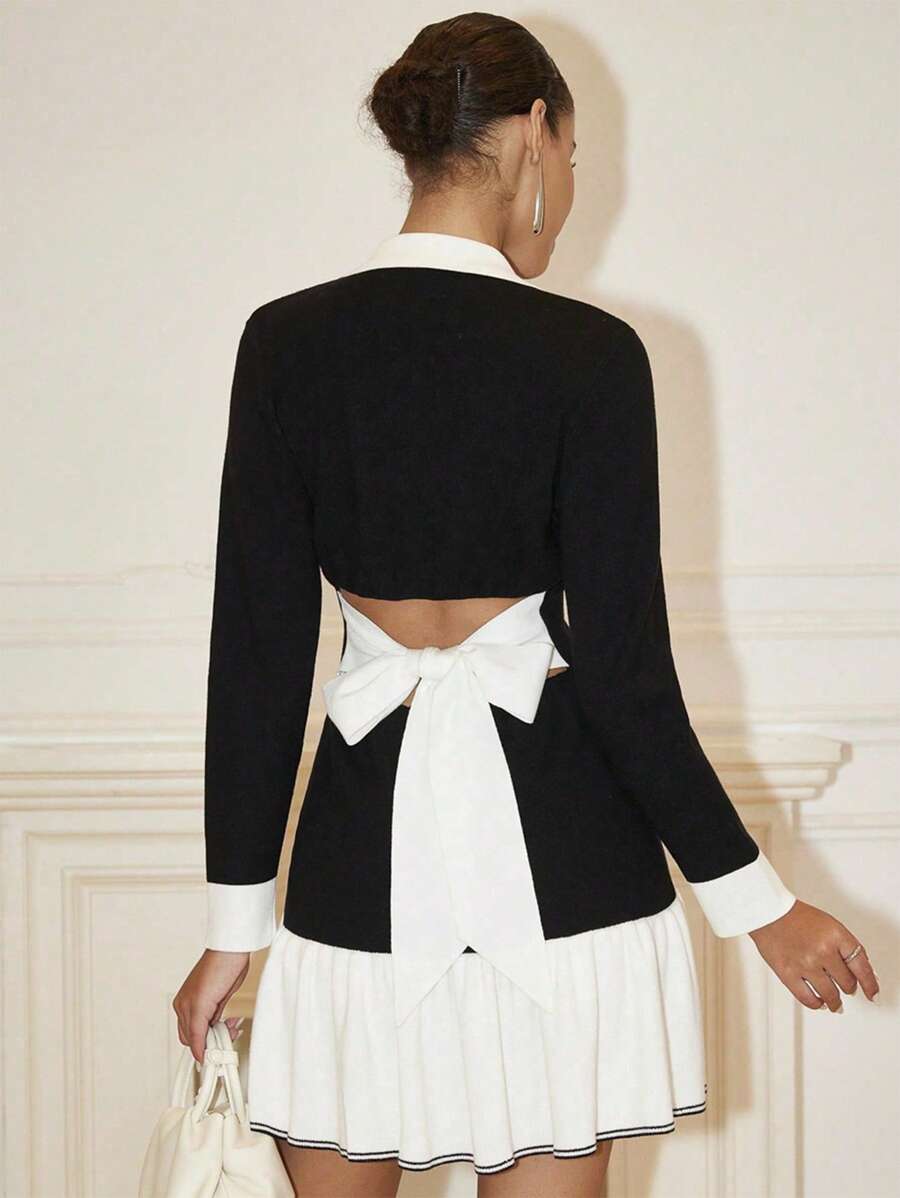 SHEIN Raffinéa Váy len viền bèo nhún nơ rỗng màu thời trang nữ - màu đen - Xem 1
